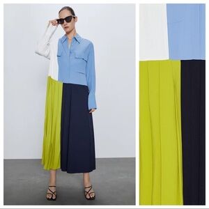 NWOT. Zara Pleated Patchwork Midi Dress. Size XS.